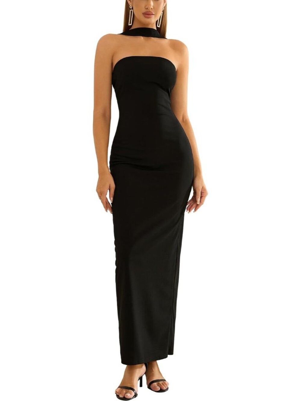 Women's Black Formal Wedding Guest Cocktail Fall Halter Neck Bodycon Maxi Dress